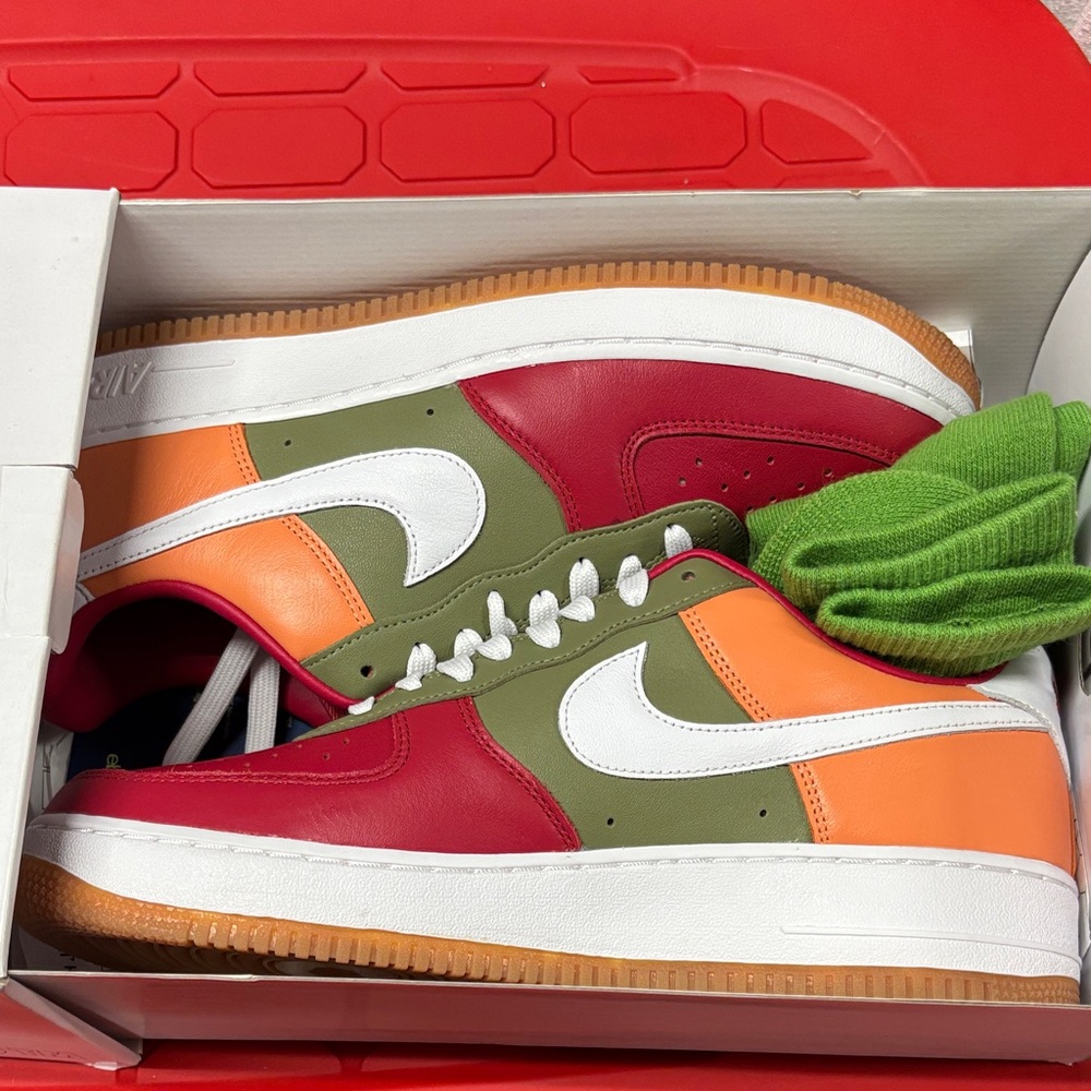 Nike Air Force 1 Red Orange Green Sneakers with Socks